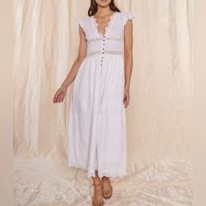 Raga Luna Button Down Maxi Dress Eyelet Cap Sleeves Size Medium White